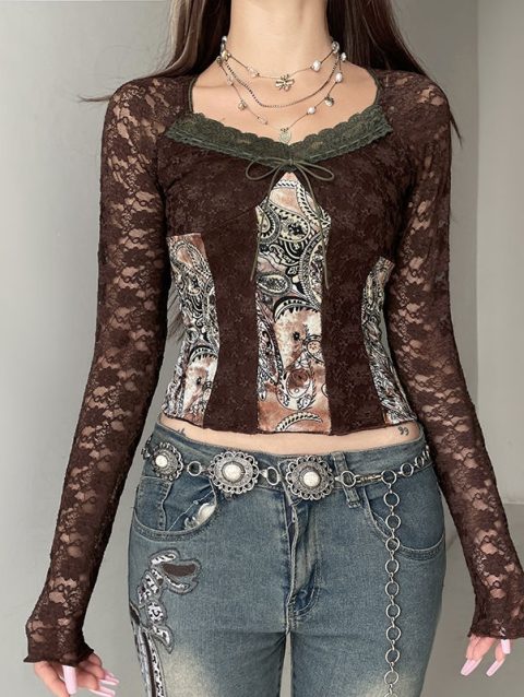 Women's Retro Contrasting Printed Lace Patchwork T-shirt Female Long Sleeved Square Neck Slim Sexy Tops