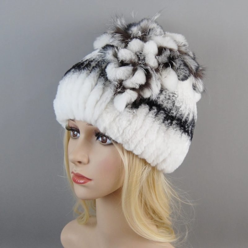 New Luxury Women Fur Hat For Winter Handmade Natural Rex Rabbit Fox Fur Cap Russian Female Fur Headgear Brand Warm Beanies Cap - Image 3