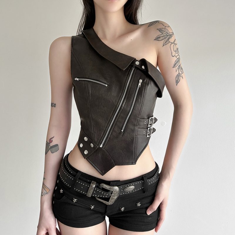 SylCue Faux Leather Vest Women Irregular Turn-down Collar Sleeveless Zipper Decoration Hot Chick Street Wild Sexy Style Outfits - Image 2