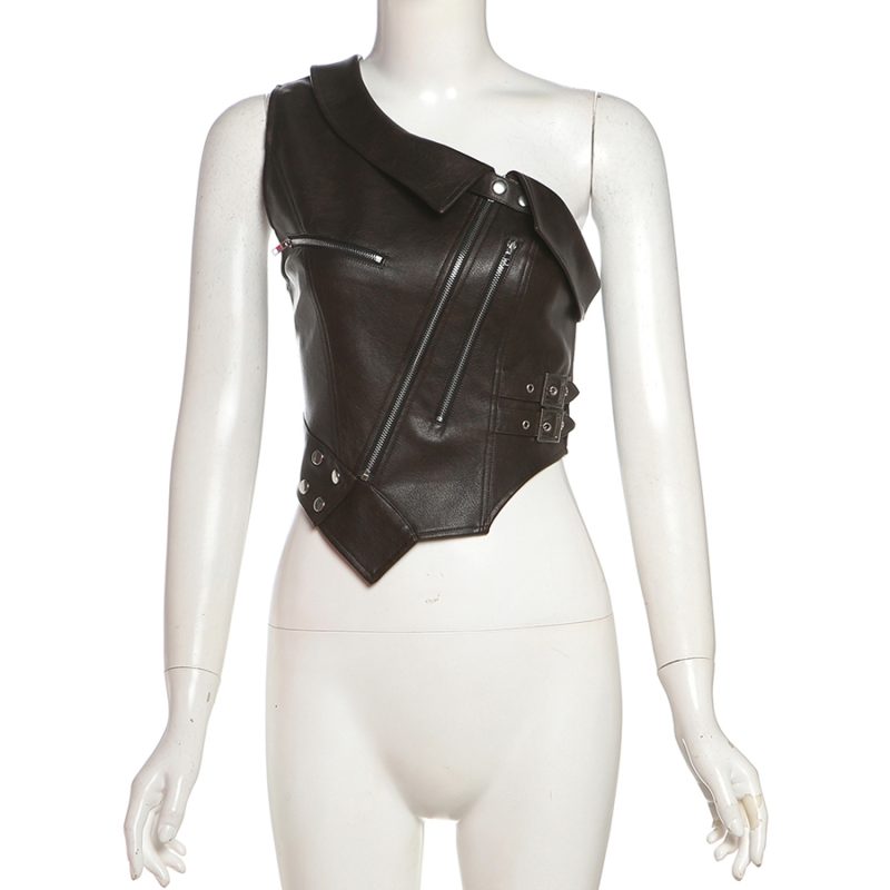SylCue Faux Leather Vest Women Irregular Turn-down Collar Sleeveless Zipper Decoration Hot Chick Street Wild Sexy Style Outfits - Image 6