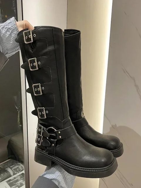 Woman Boots Knee High Platform Elegant Low Heel Trend Punk Gothic New Rock Leather Fashion Women's Shoes Motorcycle Footwear