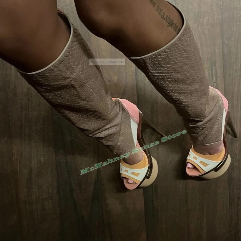 Mixed Colors Platform Boots Knee High Hollow Slip On Super Stiletto Heels Boots Women Sexy Shoes Summer New Style Open Toe Party - Image 2