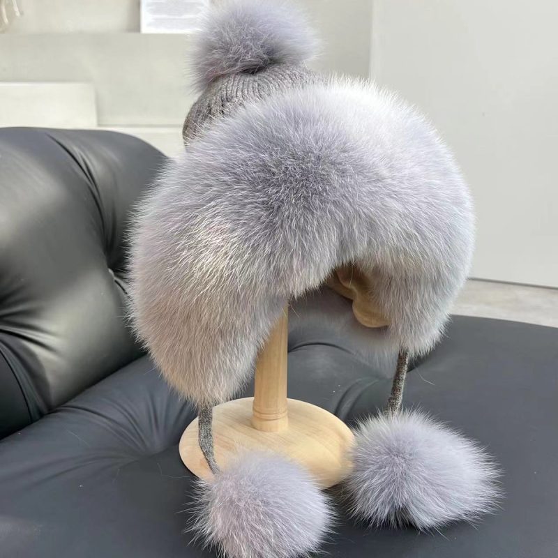 Real Fox Fur Hat Women Winter Snow Cap With Fur Ball Outdoor Skiing Hat Luxury Natural Fur Knitted Caps With Ear Protection - Image 9