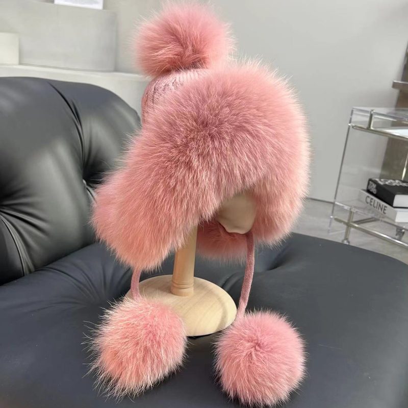 Real Fox Fur Hat Women Winter Snow Cap With Fur Ball Outdoor Skiing Hat Luxury Natural Fur Knitted Caps With Ear Protection - Image 11