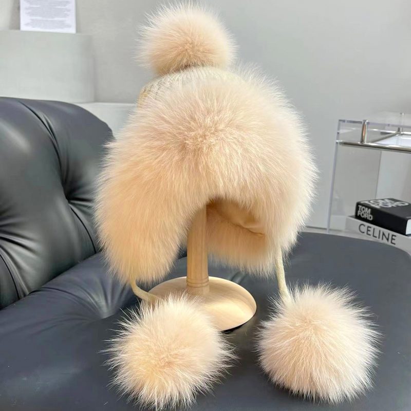 Real Fox Fur Hat Women Winter Snow Cap With Fur Ball Outdoor Skiing Hat Luxury Natural Fur Knitted Caps With Ear Protection - Image 14