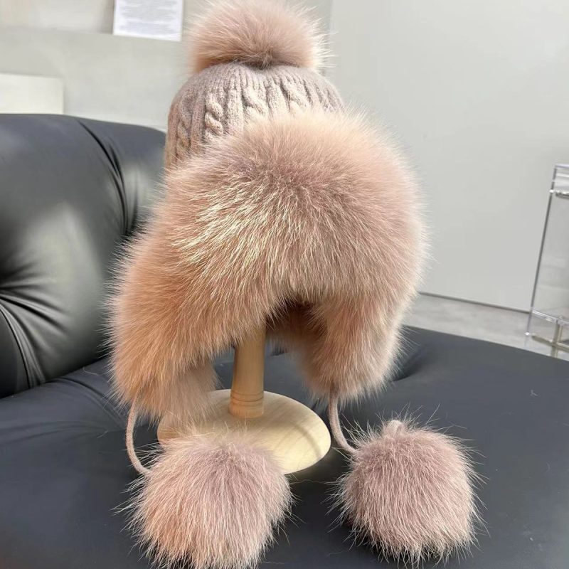 Real Fox Fur Hat Women Winter Snow Cap With Fur Ball Outdoor Skiing Hat Luxury Natural Fur Knitted Caps With Ear Protection - Image 15