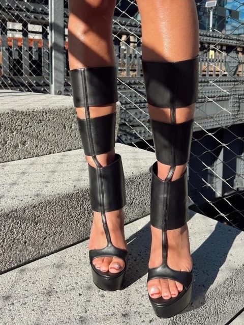 Caged Knee High Sandals Gladiator High Heels Platform Boots Women Cut-outs T-strap Open Toe Ladies Back Zipper Stiletto Shoes