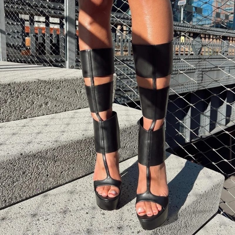 Caged Knee High Sandals Gladiator High Heels Platform Boots Women Cut-outs T-strap Open Toe Ladies Back Zipper Stiletto Shoes
