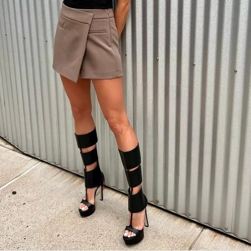 Caged Knee High Sandals Gladiator High Heels Platform Boots Women Cut-outs T-strap Open Toe Ladies Back Zipper Stiletto Shoes - Image 2