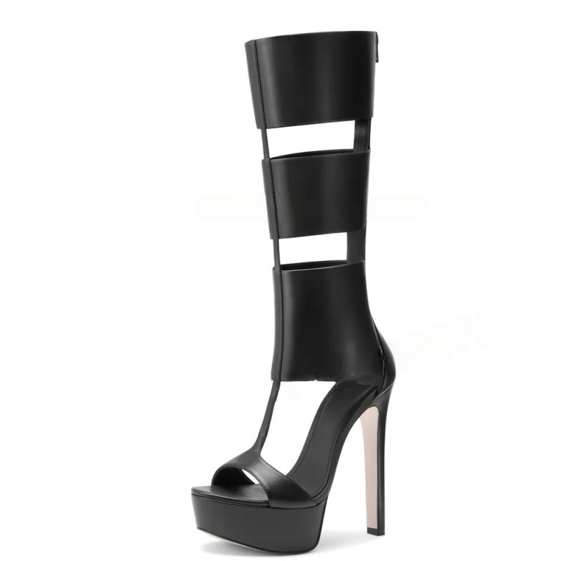 Caged Knee High Sandals Gladiator High Heels Platform Boots Women Cut-outs T-strap Open Toe Ladies Back Zipper Stiletto Shoes - Image 6