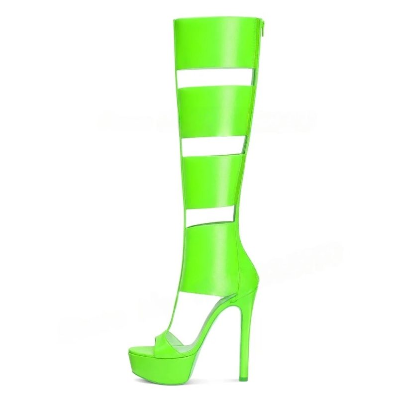 Caged Knee High Sandals Gladiator High Heels Platform Boots Women Cut-outs T-strap Open Toe Ladies Back Zipper Stiletto Shoes - Image 9