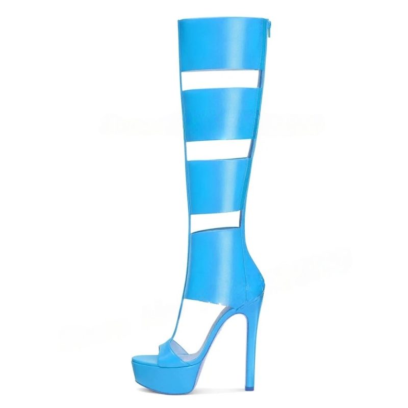 Caged Knee High Sandals Gladiator High Heels Platform Boots Women Cut-outs T-strap Open Toe Ladies Back Zipper Stiletto Shoes - Image 11
