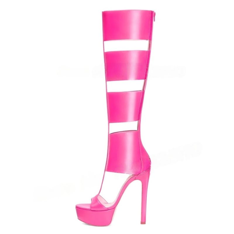 Caged Knee High Sandals Gladiator High Heels Platform Boots Women Cut-outs T-strap Open Toe Ladies Back Zipper Stiletto Shoes - Image 12