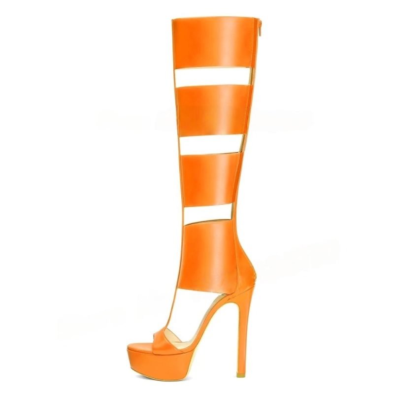 Caged Knee High Sandals Gladiator High Heels Platform Boots Women Cut-outs T-strap Open Toe Ladies Back Zipper Stiletto Shoes - Image 13