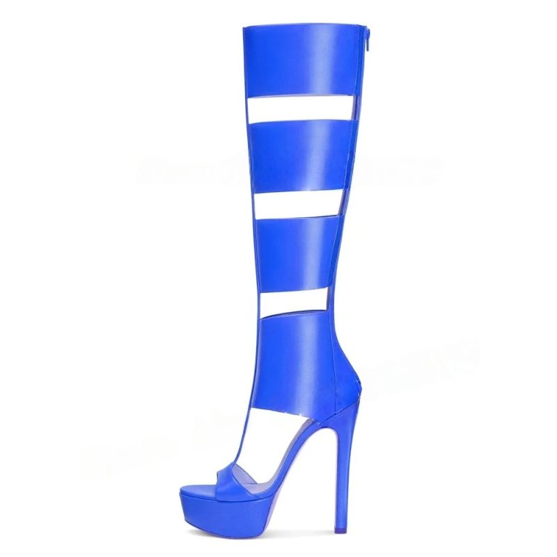 Caged Knee High Sandals Gladiator High Heels Platform Boots Women Cut-outs T-strap Open Toe Ladies Back Zipper Stiletto Shoes - Image 14