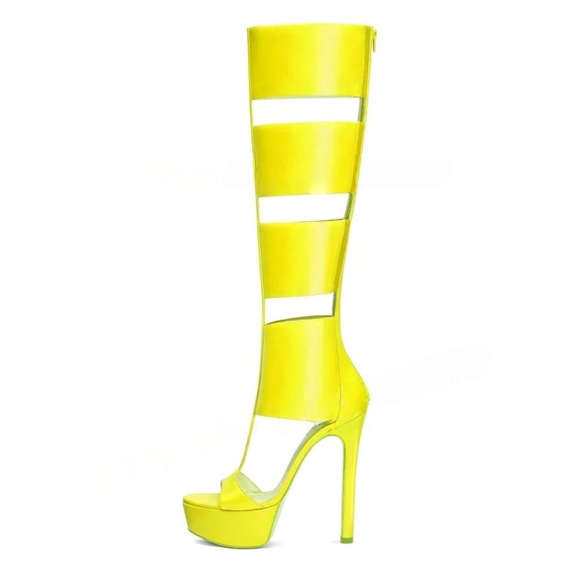 Caged Knee High Sandals Gladiator High Heels Platform Boots Women Cut-outs T-strap Open Toe Ladies Back Zipper Stiletto Shoes - Image 15