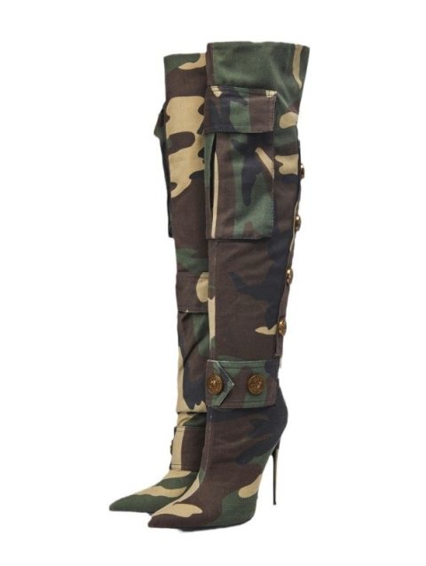 European and American Pointed High Heels Camouflage Rivets Fashion Plus Size Motorcycle Women's Sleeve Trendy Knee Boots