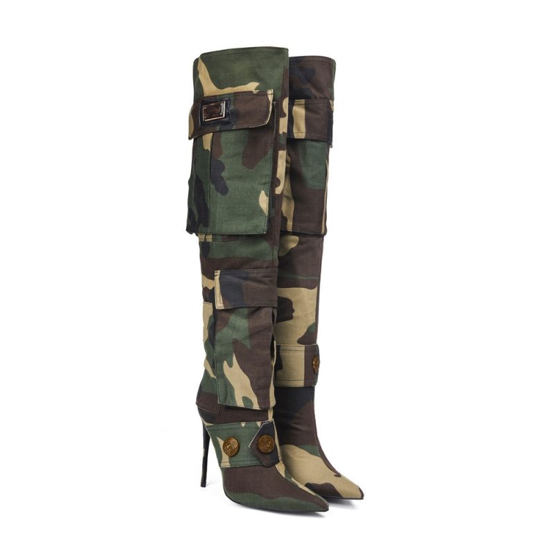 European and American Pointed High Heels Camouflage Rivets Fashion Plus Size Motorcycle Women's Sleeve Trendy Knee Boots - Image 7