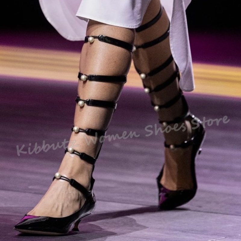 Pearl Pumps Cross Strap Leather Pointed Toe Kitten Heels Hollow Solid Color Novelty Fashion Elegant Concise Sexy Women Shoes New