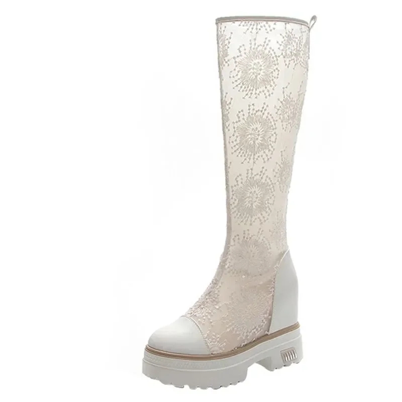 Summer Women 10cm High Boots Long and Tube-shaped Embroidered Black Boots Mesh Thick Soles Fashion Female Platform Shoes New