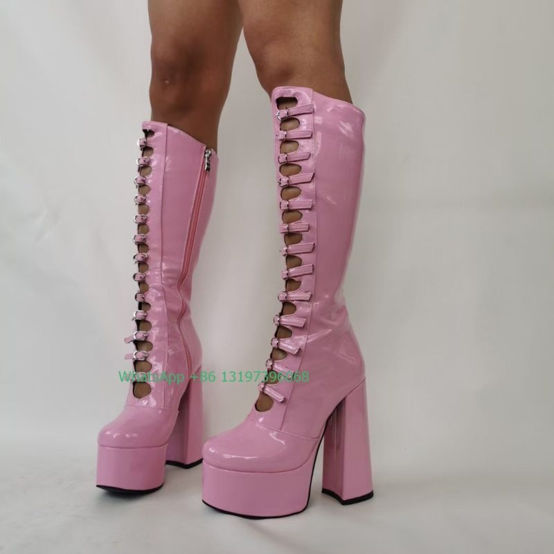 Thick Sole Black Hollow Calf Boots Side Zipper Rough Square Heel Pole Dance Shoes Super Heel Sexy Boots Large Size Footwear - Image 10