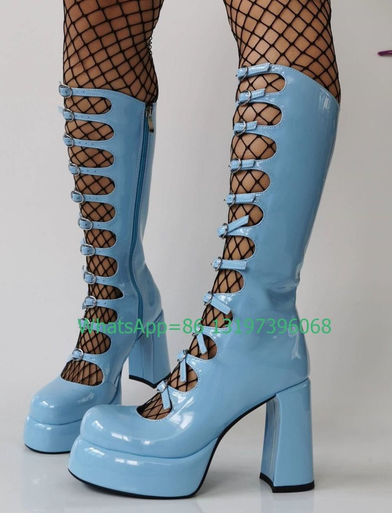 Thick Sole Black Hollow Calf Boots Side Zipper Rough Square Heel Pole Dance Shoes Super Heel Sexy Boots Large Size Footwear - Image 17
