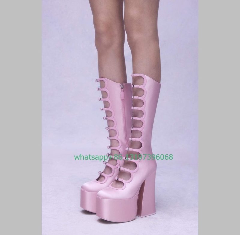 Thick Sole Black Hollow Calf Boots Side Zipper Rough Square Heel Pole Dance Shoes Super Heel Sexy Boots Large Size Footwear - Image 18