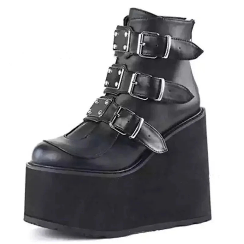 Gothic Ankle Boots for Women Motorcycle Boots Platform Wedge Super Women Boots Pumps Autumn Ladies Belt Round Lolita Punk Shoes - Image 2