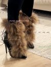 Pointed Toe Fur Mid Calf Boots Stiletto Heels Ankle Straps Fashion Warm Shoes In Winter Solid Plush Sexy Party Dress Shoes