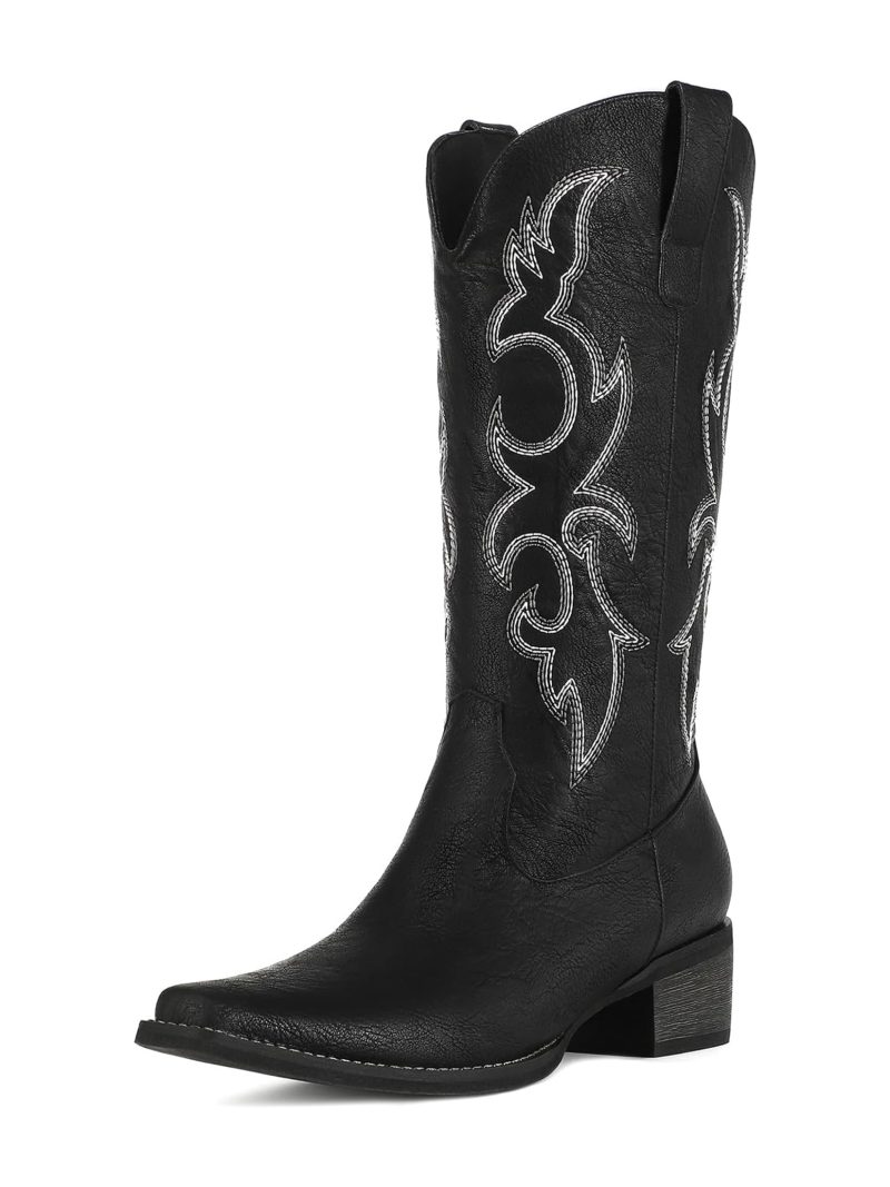 Black Cowboy Boots for Women - Embroidered Cowgirl Boots Western Mid Calf Fashion Chunky Heel Pointed Toe Country Boots - Image 2
