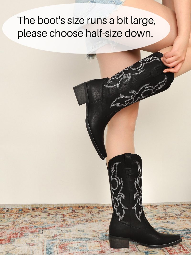 Black Cowboy Boots for Women - Embroidered Cowgirl Boots Western Mid Calf Fashion Chunky Heel Pointed Toe Country Boots - Image 5