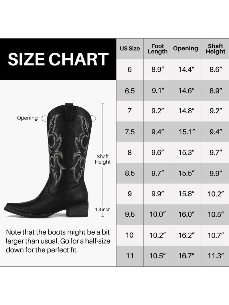 Black Cowboy Boots for Women - Embroidered Cowgirl Boots Western Mid Calf Fashion Chunky Heel Pointed Toe Country Boots - Image 6