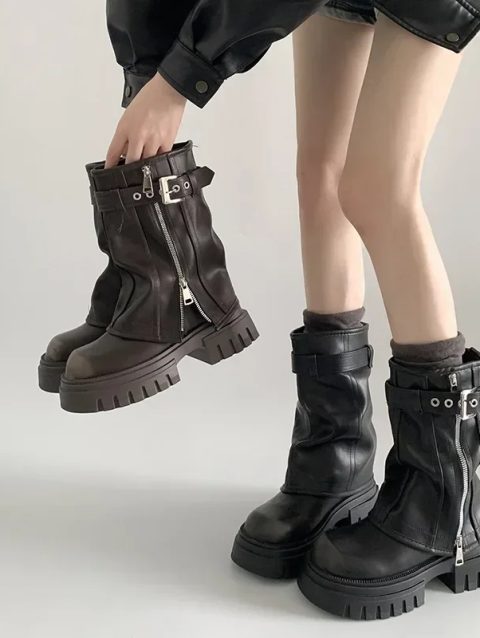 Winter Women Biker Boots Fashion Belt Buckle Ladies Elegant Platform Long Pipe Booties Casual Women's Knee High Booties2024