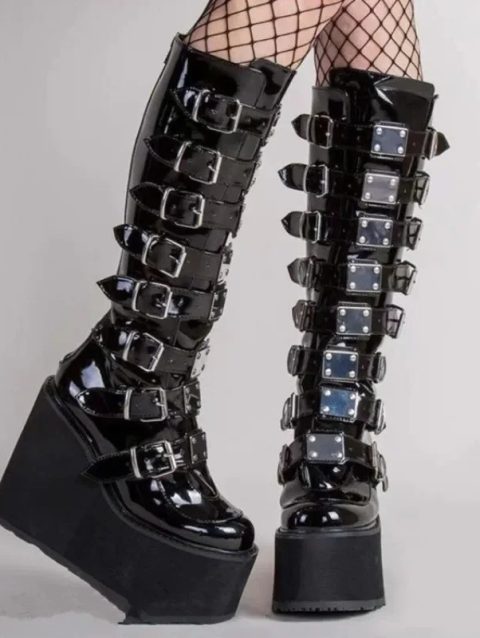 Women Boots Cosplay Ladies High Heel Platform Wedges Women High Boots Gothic Buckle Strap Long Tube Leather Female Boots Plus Si