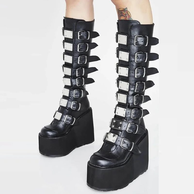 Women Boots Cosplay Ladies High Heel Platform Wedges Women High Boots Gothic Buckle Strap Long Tube Leather Female Boots Plus Si - Image 7
