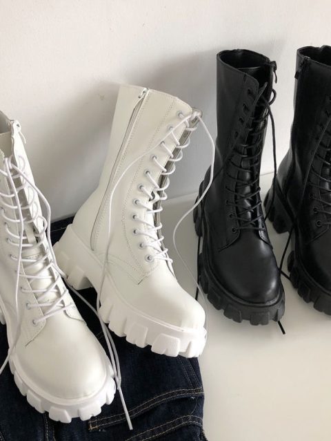 New Mid Calf Boots Women Autumn Winter Fashion Lace-up Ladies Chelsea Zipper Botas Mujer Boots Sports Platform Heel Ladies Shoes