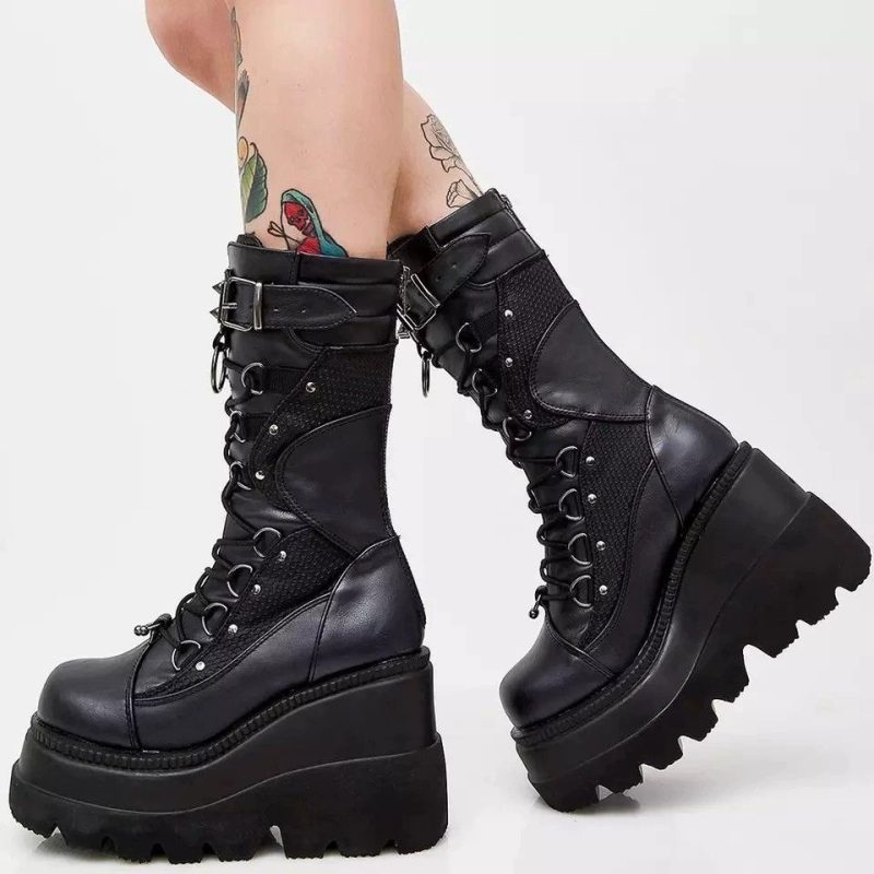 2023 New High Top Women Boots Rivet Punk Style Motorcycle Boots Platform Heels Fashion Half Boots Metal Decoration Casual Shoes - Image 2