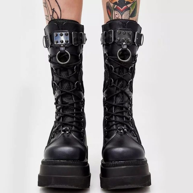 2023 New High Top Women Boots Rivet Punk Style Motorcycle Boots Platform Heels Fashion Half Boots Metal Decoration Casual Shoes - Image 3