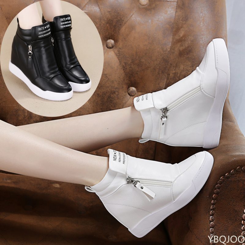 Women Casual Sneakers White PU Platform Shoes Ladies Wedge Sports Shoe Fashion Woman Black Chunky Side Zipper Vulcanized Shoes - Image 2