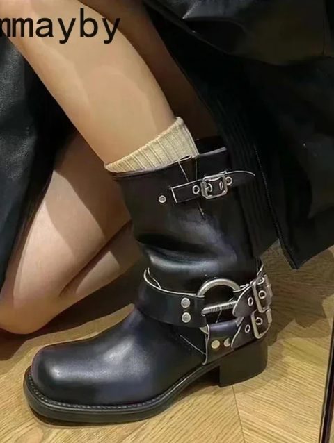 Winter Platform Cowboy Boots Women Shoes Fashion Slip On Mid Heel Bota Ladies Retro Mordern Bootties