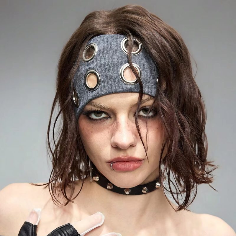 Punk Girl Hollowed Out Eyelets Wide Elastic Headband Stretchy Metal Rock Steampunk for Sports Headbands Hair Accessories - Image 4