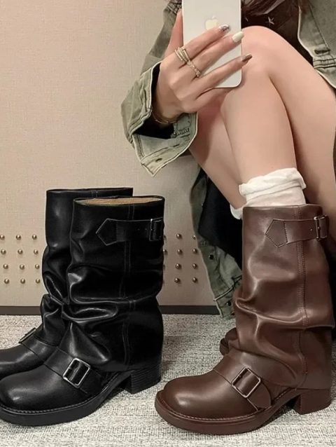 Pleated Buckle Knight Boots for Women Autumn Brown PU Leather Mid Calf Boots Woman Slip-On Thick Heel Riding Botas Mujer 2024