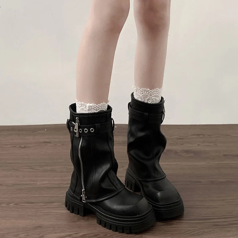 Winter Women Biker Boots Fashion Belt Buckle Ladies Elegant Platform Flats Short Booties Casual Women's Knight Booties - Image 3
