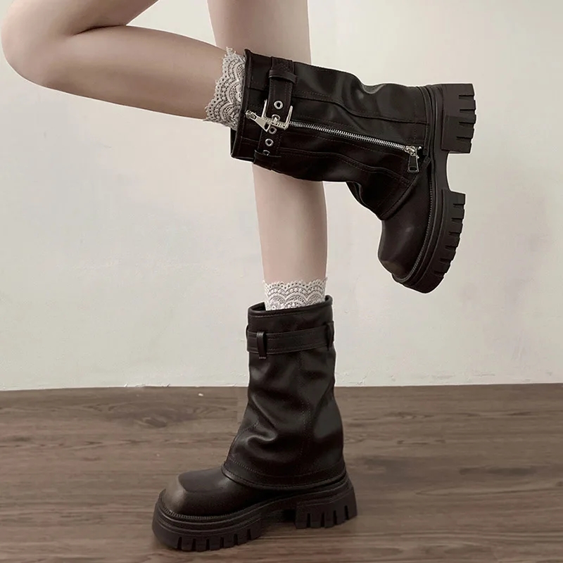 Winter Women Biker Boots Fashion Belt Buckle Ladies Elegant Platform Flats Short Booties Casual Women's Knight Booties - Image 4