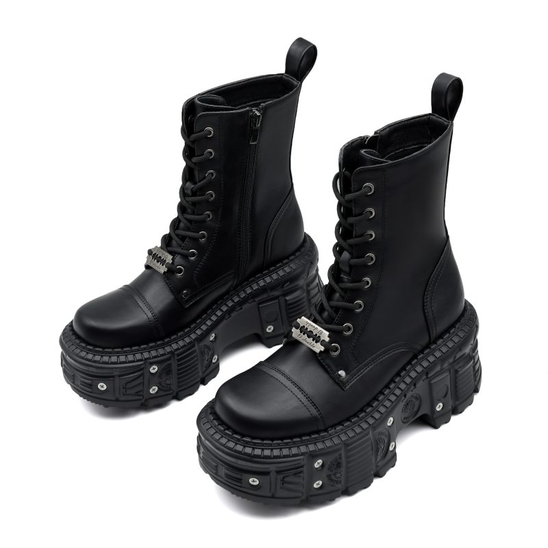 2025 New Punk Women Platform Ankle Boots Female's Rock Round Toe Lace Up Fashion Retro Chunky Shoes Metal Decor Short Boots - Image 2