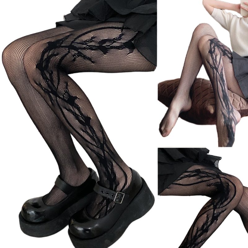 Summer Fashion Women's y2k Side Vine-Patterned Fishnet Tights See-through Black Floral Lace Tights Ladies Nylon Net Pantyhose - Image 6