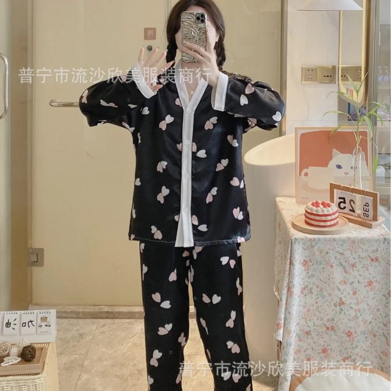 Autumn New Women's Long-sleeved Pants Cardigan Simulation Silk Loose Lapel Women's Homewear Pajamas Set Women's Ice Silk Pajamas - Image 3