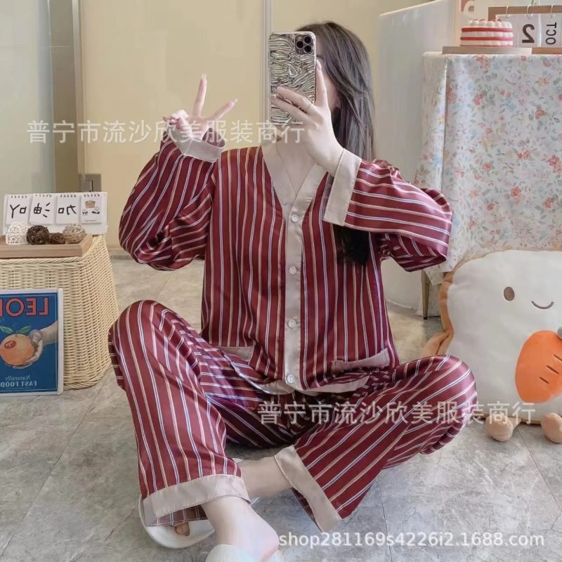 Autumn New Women's Long-sleeved Pants Cardigan Simulation Silk Loose Lapel Women's Homewear Pajamas Set Women's Ice Silk Pajamas - Image 4