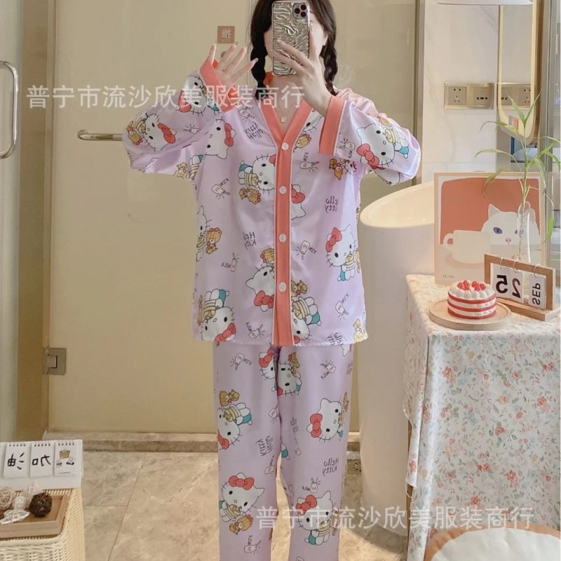 Autumn New Women's Long-sleeved Pants Cardigan Simulation Silk Loose Lapel Women's Homewear Pajamas Set Women's Ice Silk Pajamas - Image 6