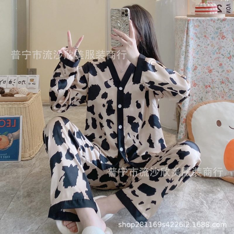 Autumn New Women's Long-sleeved Pants Cardigan Simulation Silk Loose Lapel Women's Homewear Pajamas Set Women's Ice Silk Pajamas - Image 7